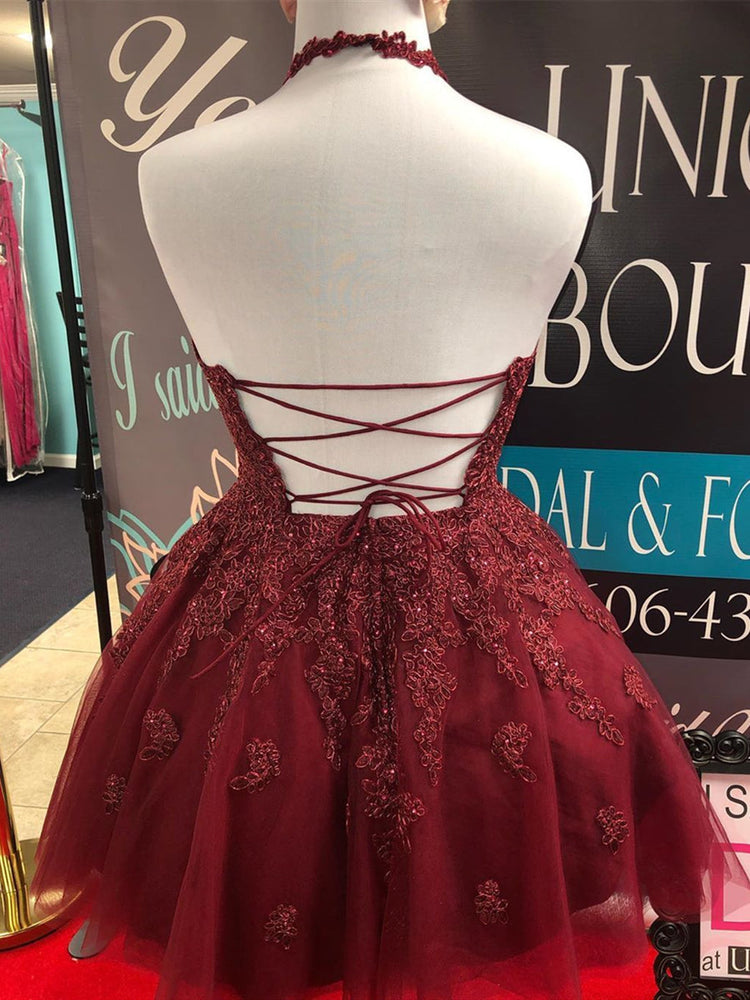 
                      
                        Halter Neck Backless Short Burgundy Lace Prom Dresses, Burgundy Lace Formal Graduation Homecoming Dresses
                      
                    