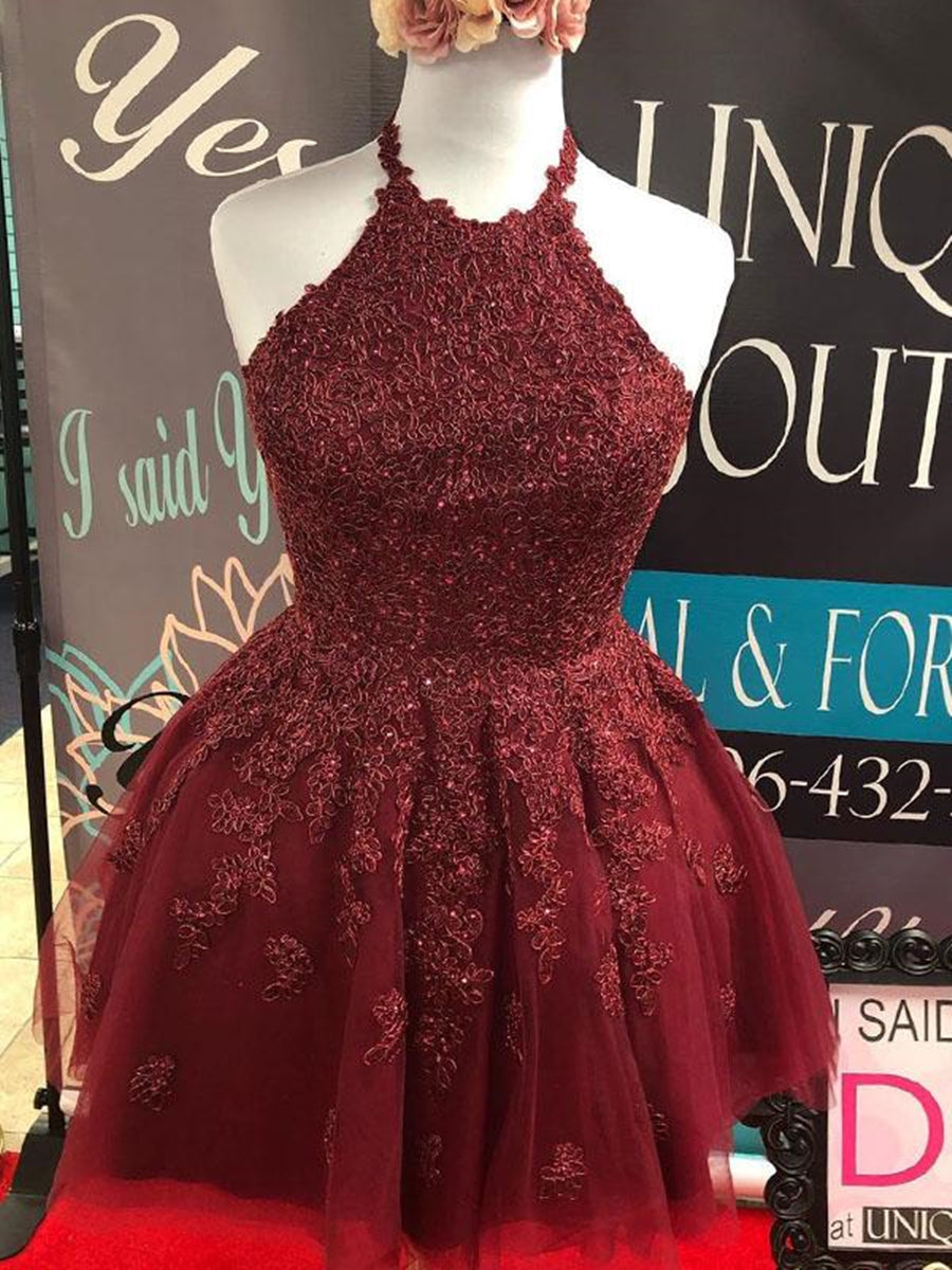 Halter Neck Backless Short Burgundy Lace Prom Dresses, Burgundy Lace Formal Graduation Homecoming Dresses