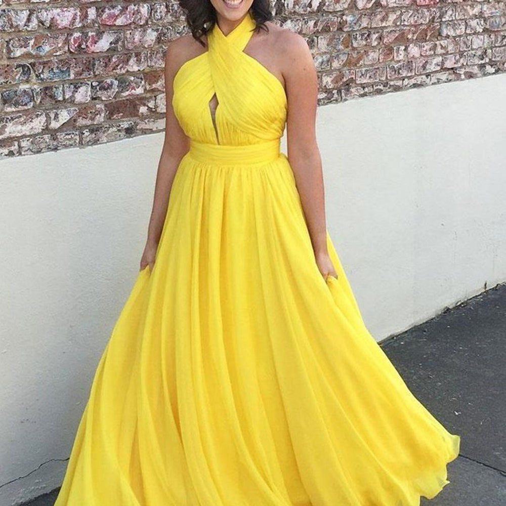 
                      
                        Halter Neck Backless Yellow Long Prom Dresses, Open Back Yellow Formal Dresses, Yellow Evening Dresses 
                      
                    