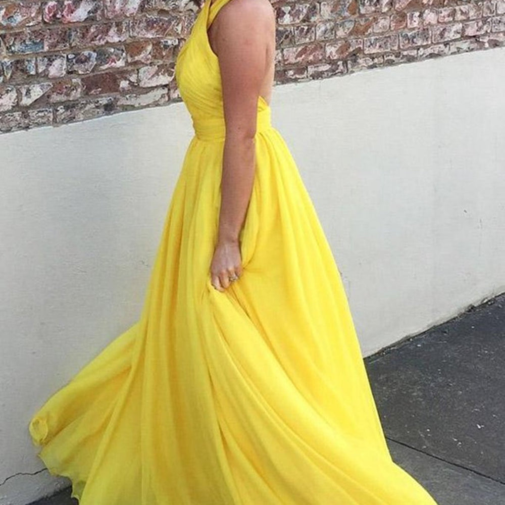 
                      
                        Halter Neck Backless Yellow Long Prom Dresses, Open Back Yellow Formal Dresses, Yellow Evening Dresses 
                      
                    