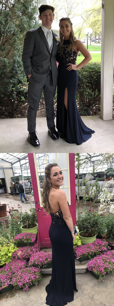 
                      
                        Halter Neck Mermaid Backless Lace Black Prom Dresses with Leg Slit, Black Lace Graduation Dresses, Formal Dresses, Evening Dresses
                      
                    