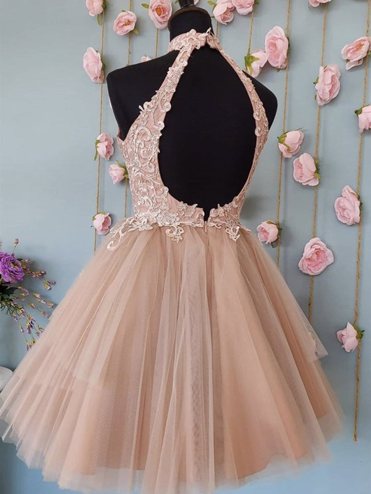 
                      
                        Halter Neck Open Back Champagne Lace Short Prom Dresses, Champagne Lace Formal Graduation Homecoming Dresses
                      
                    