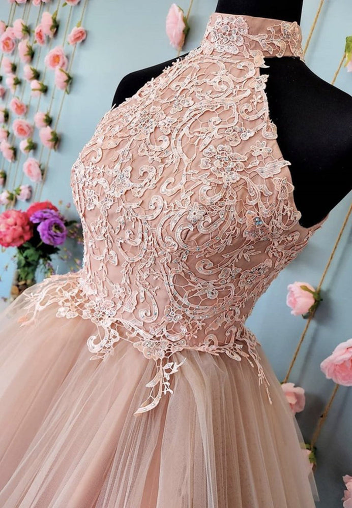 
                      
                        Halter Neck Open Back Champagne Lace Short Prom Dresses, Champagne Lace Formal Graduation Homecoming Dresses
                      
                    