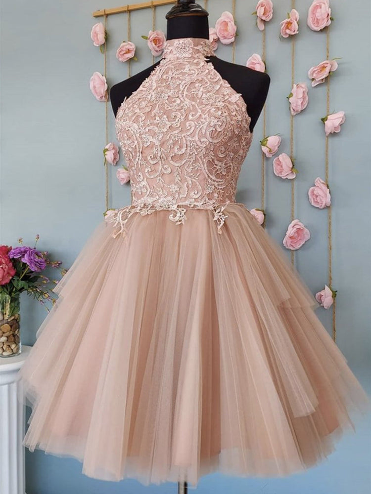 Halter Neck Open Back Champagne Lace Short Prom Dresses, Champagne Lace Formal Graduation Homecoming Dresses