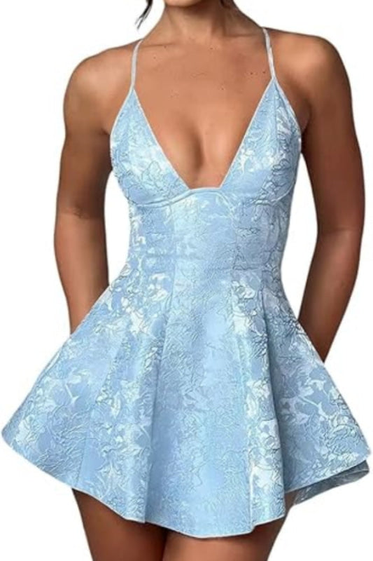 
                      
                        Halter Satin Mini Party Dress Ruffle Jacquard Homecoming Dress with Cross Straps - Prom Dresses
                      
                    