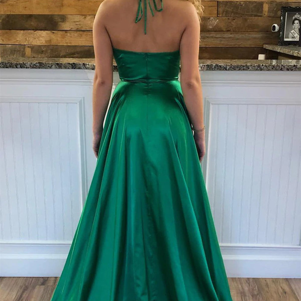 
                      
                        Halter V Neck Backless Green Satin Long Prom Dresses with High Slit, Backless Green Formal Graduation Evening Dresses 
                      
                    