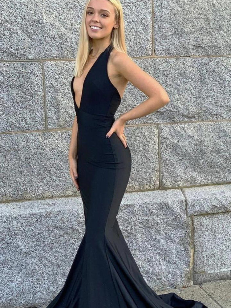 
                      
                        Halter V Neck Backless Mermaid Black Long Prom Dresses, Backless Mermaid Black Formal Graduation Evening Dresses
                      
                    