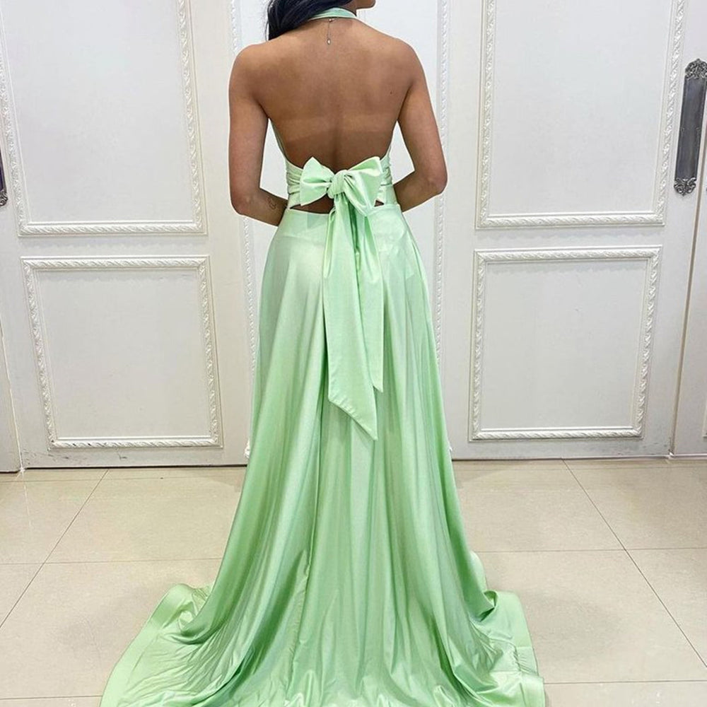 
                      
                        Halter V Neck Backless Sage Long Prom Dresses with High Slit, Backless Sage Bridesmaid Dresses, Sage Formal Graduation Evening Dresses 
                      
                    