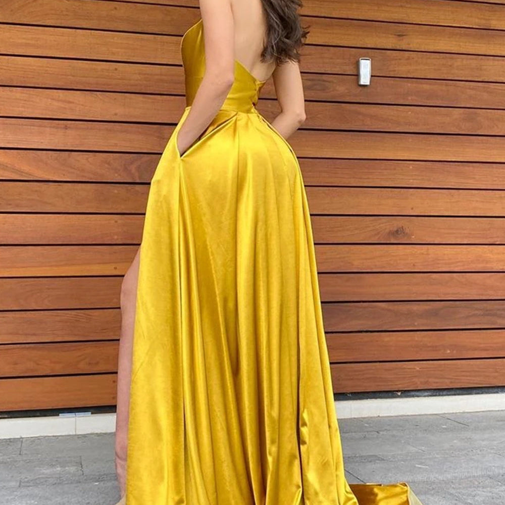 
                      
                        Halter V Neck Backless Yellow Long Prom Dresses with High Slit, Backless Yellow Formal Graduation Evening Dresses 
                      
                    