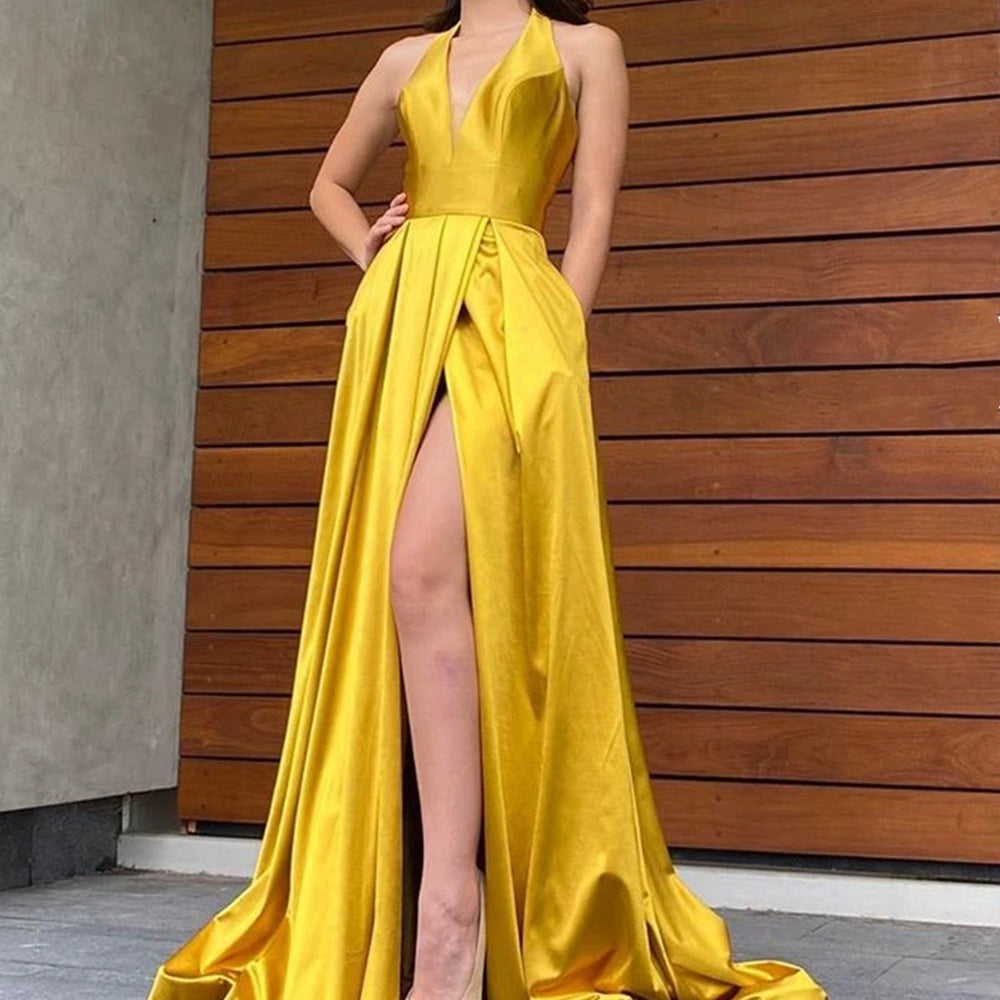 
                      
                        Halter V Neck Backless Yellow Long Prom Dresses with High Slit, Backless Yellow Formal Graduation Evening Dresses 
                      
                    