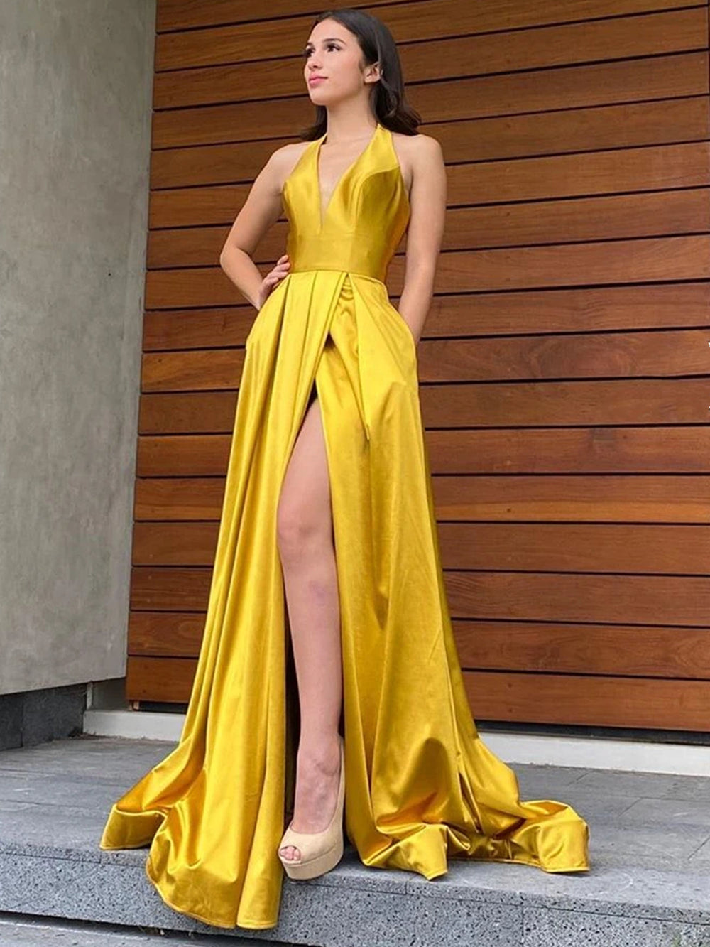 Halter V Neck Backless Yellow Long Prom Dresses with High Slit, Backless Yellow Formal Graduation Evening Dresses 