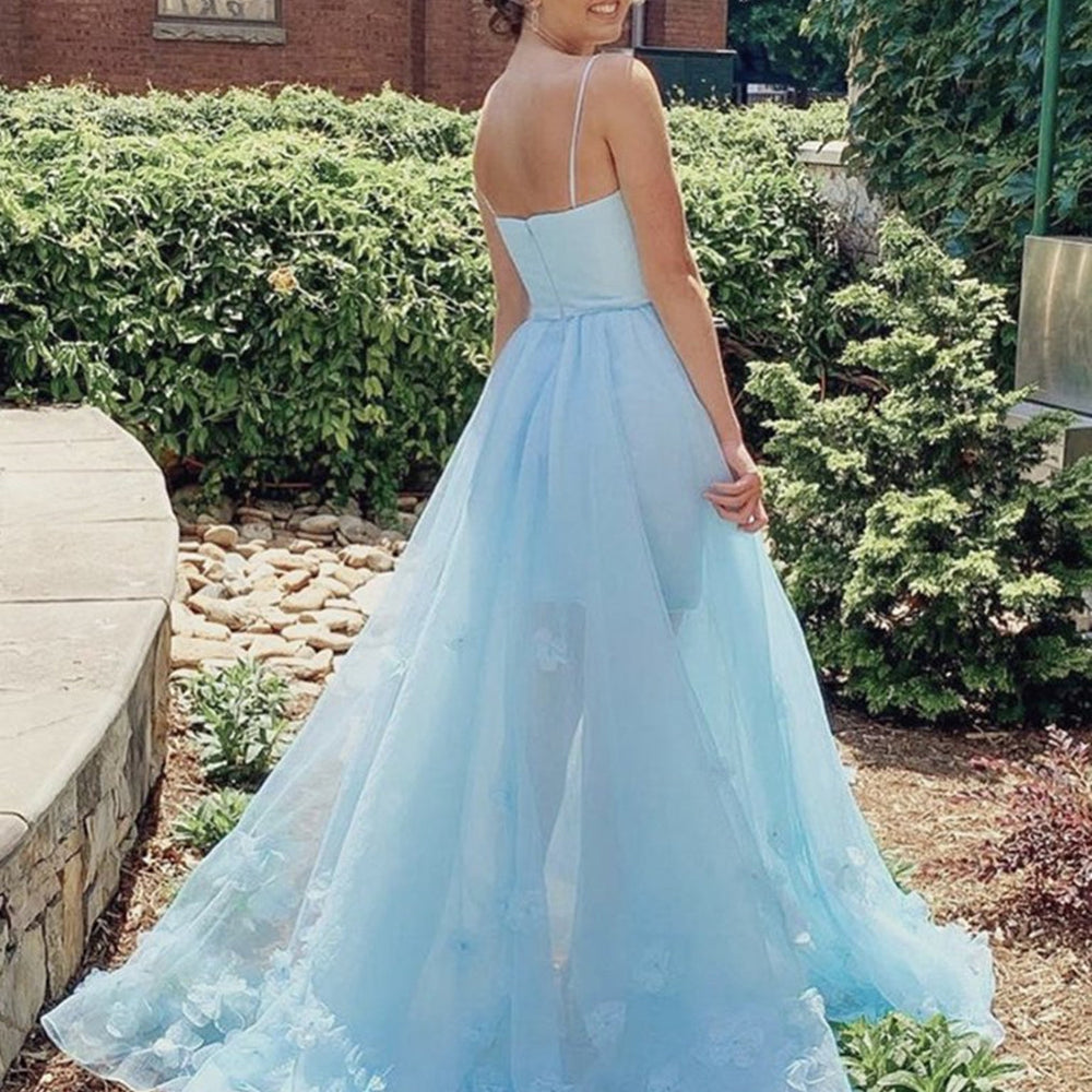 
                      
                        High Low Light Blue Floral Long Prom Dresses, High Low Blue Formal Evening Dresses
                      
                    