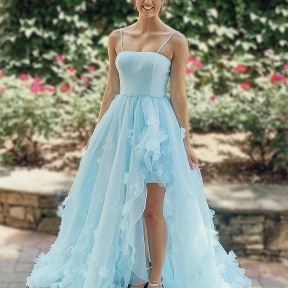 
                      
                        High Low Light Blue Floral Long Prom Dresses, High Low Blue Formal Evening Dresses
                      
                    