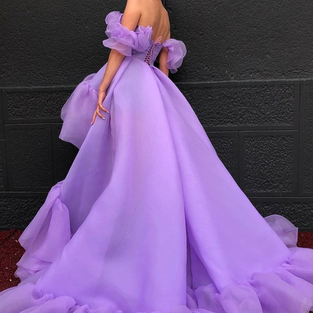 
                      
                        High Low Off Shoulder Purple Tulle Long Prom Dresses, High Low Purple Formal Dresses, Long Purple Evening Dresses 
                      
                    