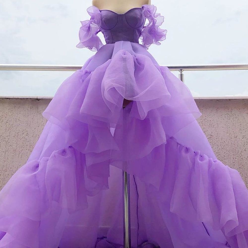 
                      
                        High Low Off Shoulder Purple Tulle Long Prom Dresses, High Low Purple Formal Dresses, Long Purple Evening Dresses 
                      
                    