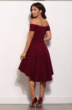 
                      
                        High Low Off The Shoulder Burgundy Satin Short Homecoming Dress
                      
                    