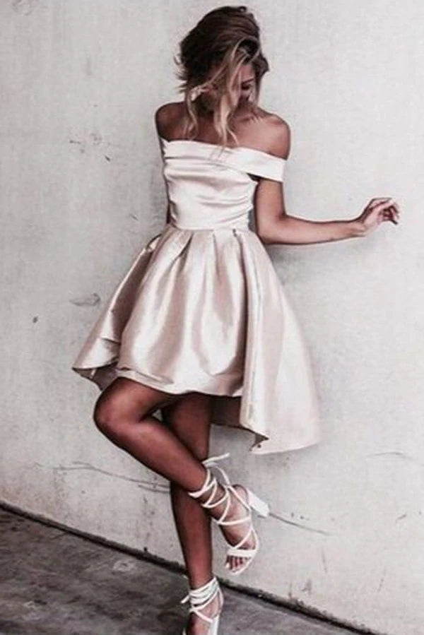 High Low Satin Short Prom Dress Off The Shoulder Homecoming Dress