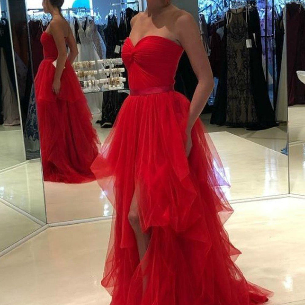 
                      
                        High Low Strapless Champagne/Red Tulle Long Prom Dresses, Long Champagne/Red Formal Graduation Evening Dresses
                      
                    