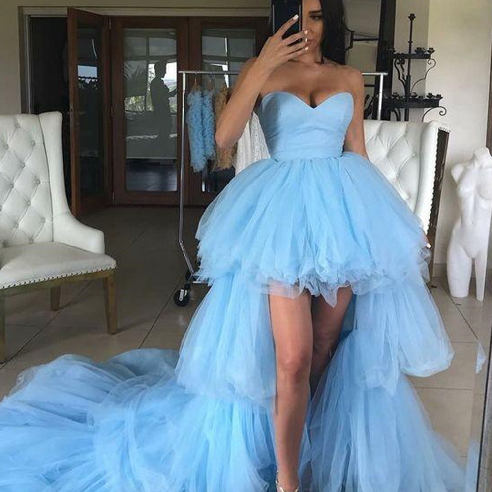 High Low Strapless Light Blue Tulle Long Prom Dresses with Train, High Low Light Blue Formal Evening Dresses