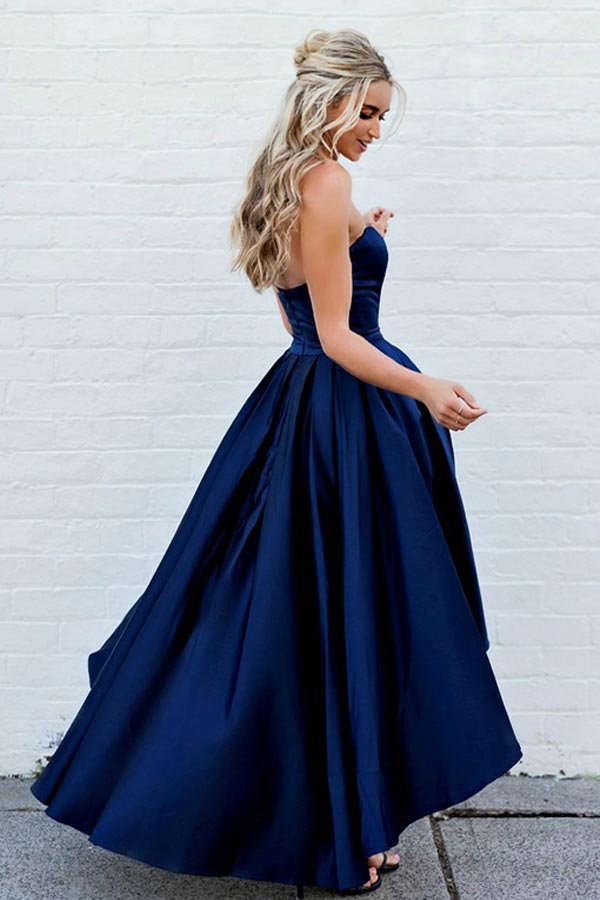 
                      
                        High Low Sweetheart Satin Prom Dress Strapless Fashion Party Dress
                      
                    