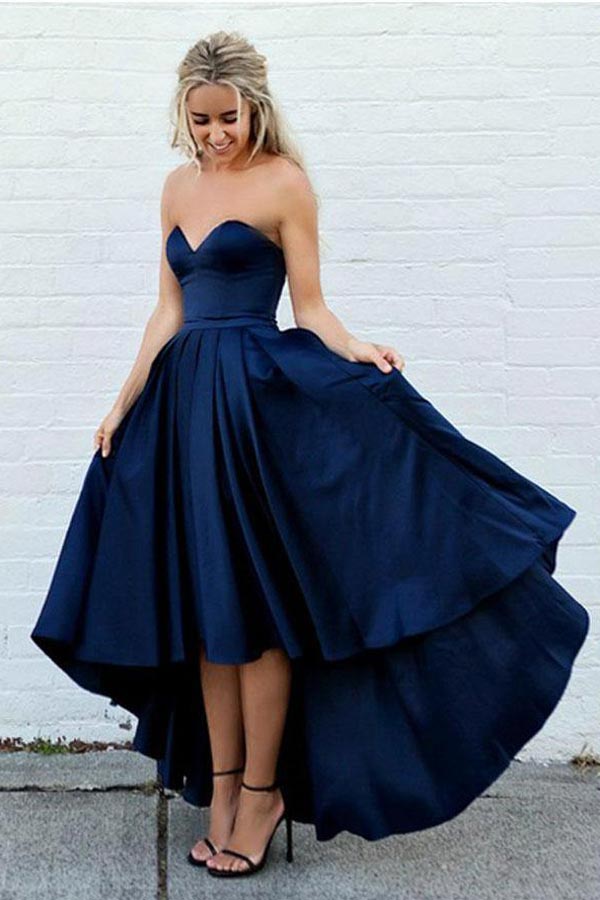 
                      
                        High Low Sweetheart Satin Prom Dress Strapless Fashion Party Dress
                      
                    