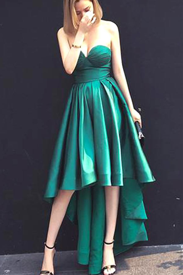 High Low Sweetheart Satin Prom Dress Strapless Fashion Party Dress