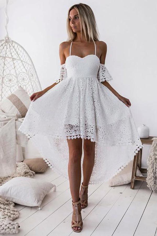 High Low Sweetheart White Lace Homecoming Dress