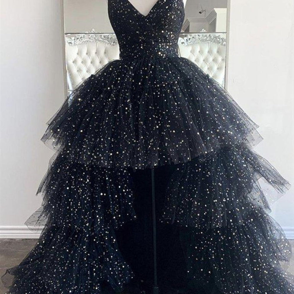 High Low V Neck Black Tulle Long Prom Dresses, High Low Black Formal Evening Dresses