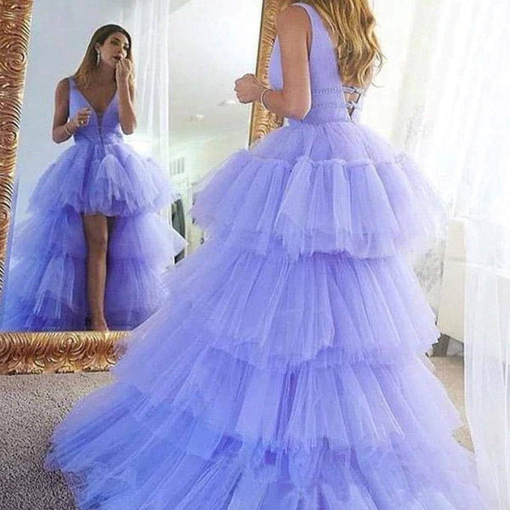 
                      
                        High Low V Neck Lilac Tulle Layered Long Prom Dresses, High Low Purple Formal Evening Dresses 
                      
                    