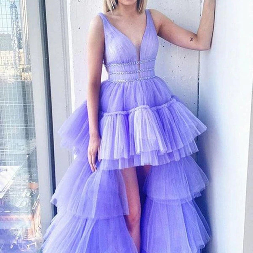 
                      
                        High Low V Neck Lilac Tulle Layered Long Prom Dresses, High Low Purple Formal Evening Dresses 
                      
                    