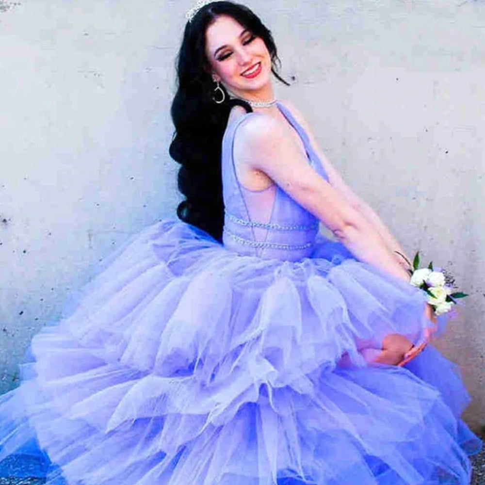 
                      
                        High Low V Neck Lilac Tulle Layered Long Prom Dresses, High Low Purple Formal Evening Dresses 
                      
                    