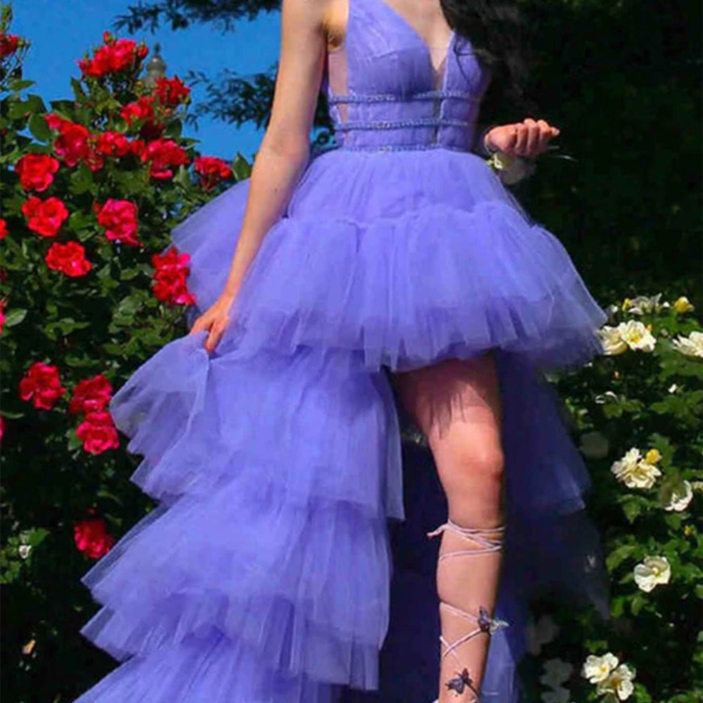 
                      
                        High Low V Neck Lilac Tulle Layered Long Prom Dresses, High Low Purple Formal Evening Dresses 
                      
                    