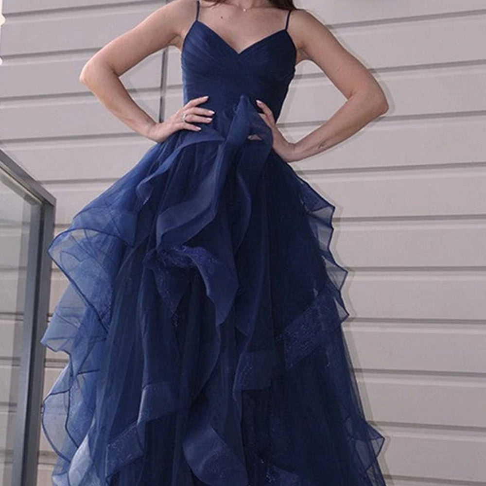 
                      
                        High Low V Neck Puffy Dark Navy Blue Tulle Long Prom Dresses, High Low Dark Navy Blue Formal Graduation Evening Dresses 
                      
                    