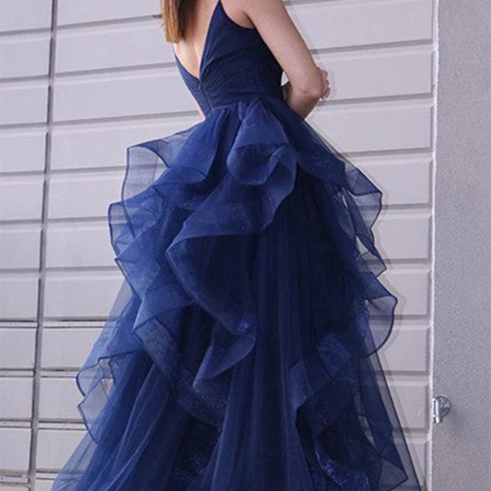 
                      
                        High Low V Neck Puffy Dark Navy Blue Tulle Long Prom Dresses, High Low Dark Navy Blue Formal Graduation Evening Dresses 
                      
                    