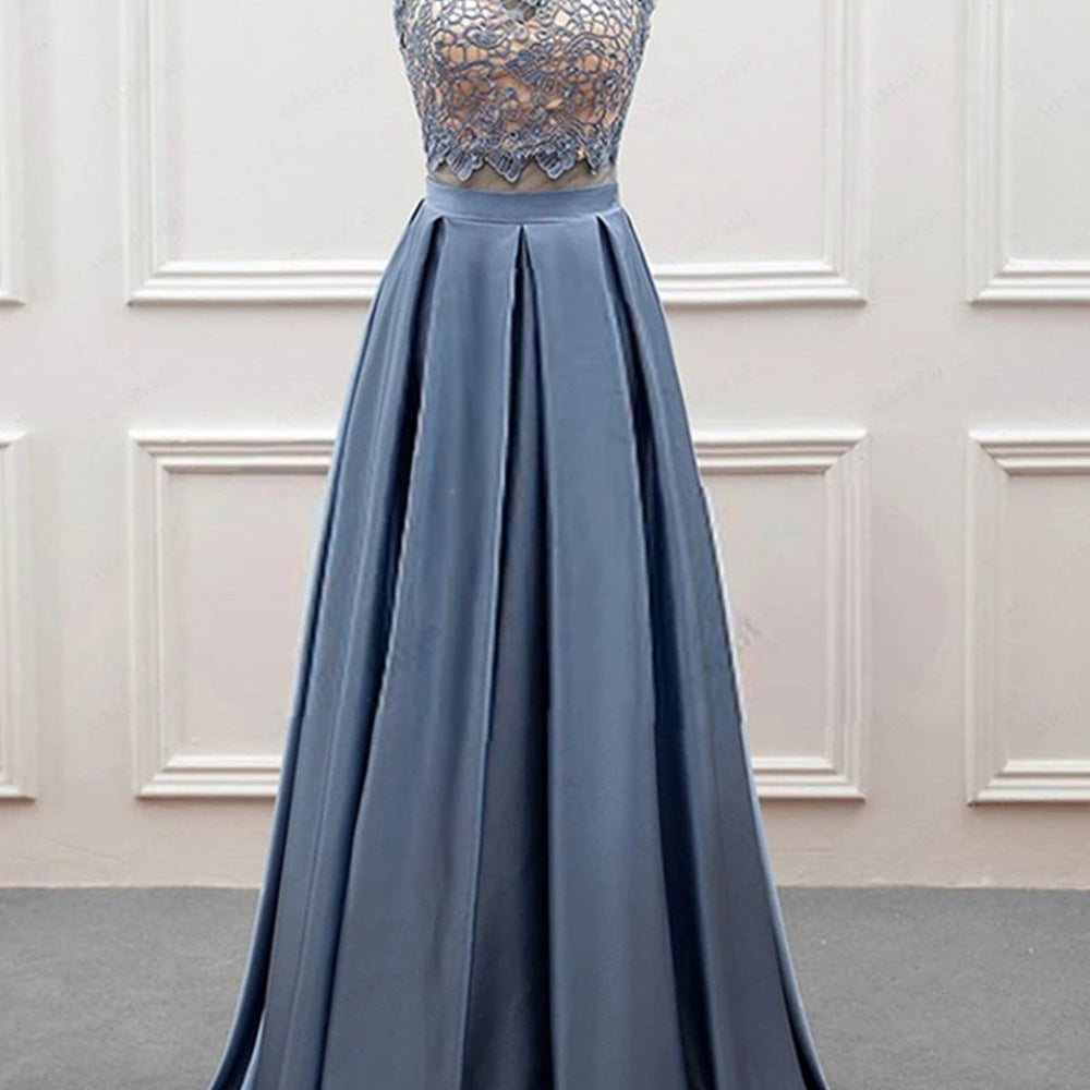 
                      
                        High Neck 2 Pieces Blue Lace Long Prom Dresses, Open Back Two Pieces Blue Lace Formal Evening Dresses
                      
                    