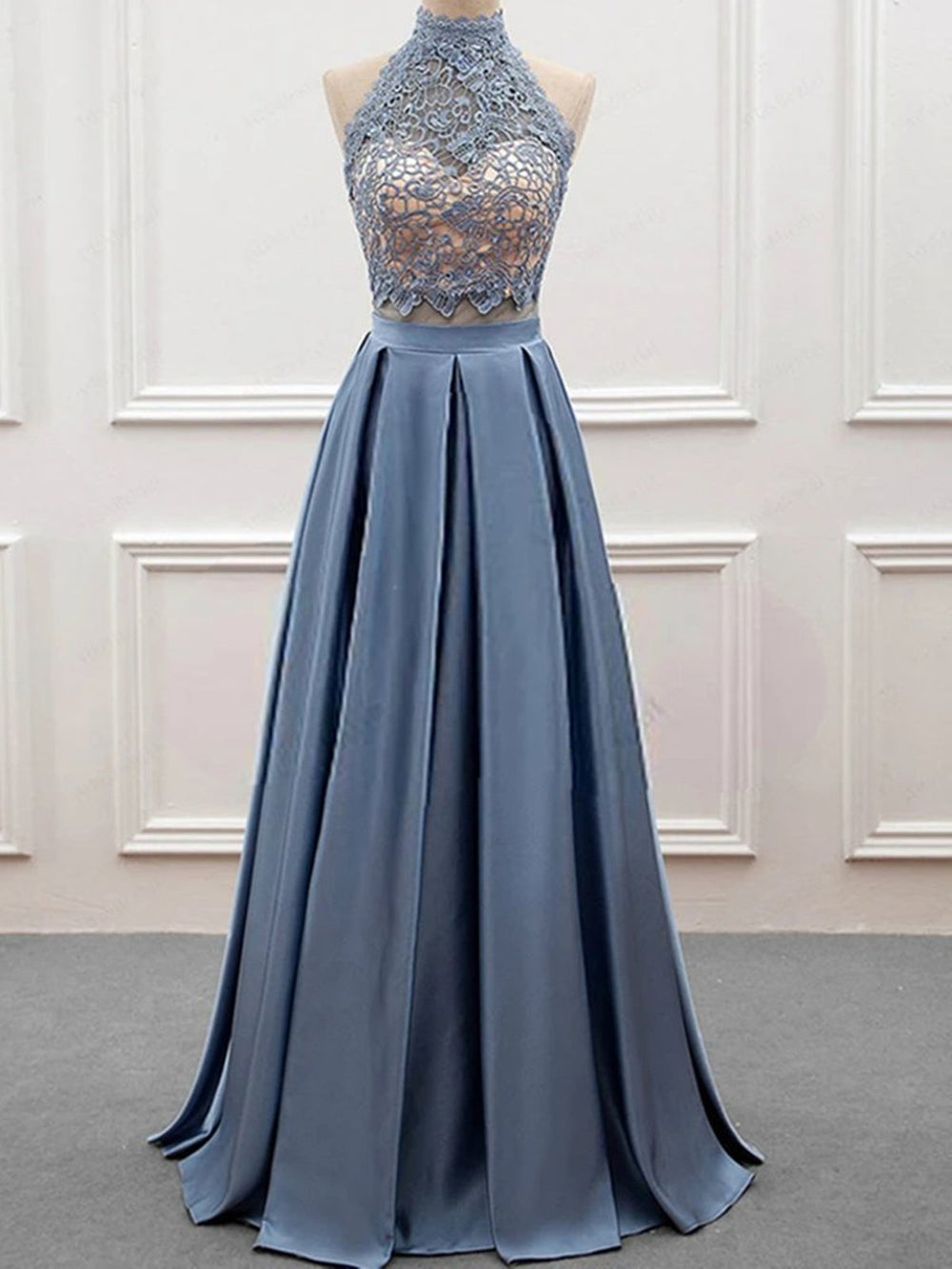 High Neck 2 Pieces Blue Lace Long Prom Dresses, Open Back Two Pieces Blue Lace Formal Evening Dresses