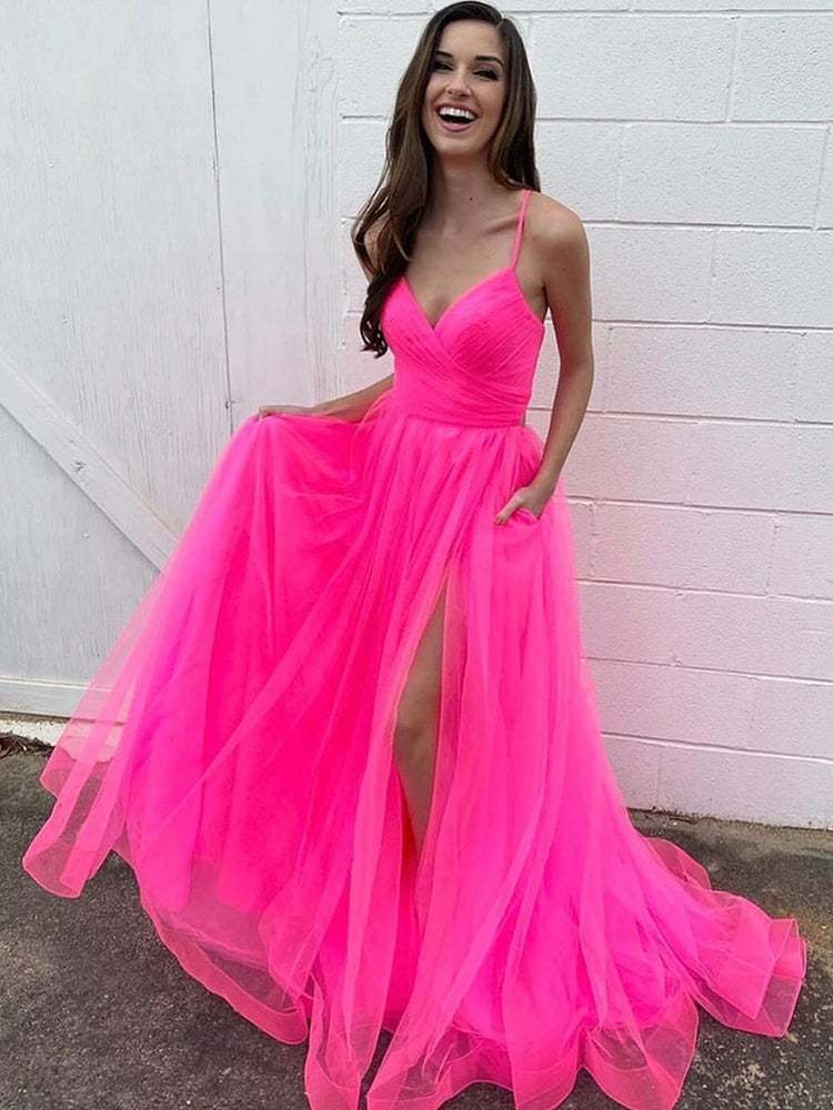 
                      
                        Hot Pink Long Tulle Prom dress With High Slit
                      
                    