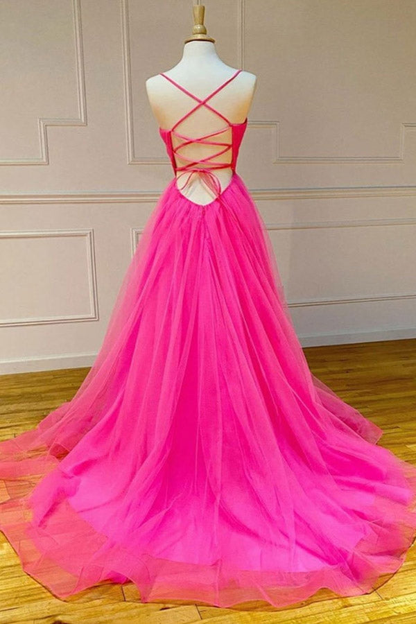 
                      
                        Hot Pink Long Tulle Prom dress With High Slit
                      
                    