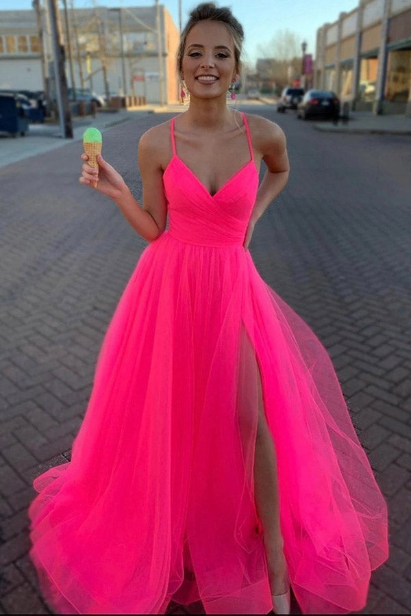 Hot Pink Long Tulle Prom dress With High Slit