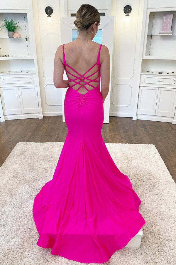 
                      
                        Hot Pink Mermaid V Neck Satin Long Prom Dresses Mermaid Evening Dresses
                      
                    