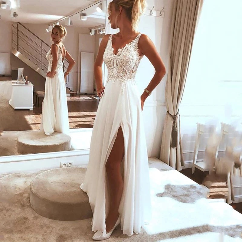 
                      
                        Ivory Chiffon Lace Beach Wedding Dress With Split
                      
                    