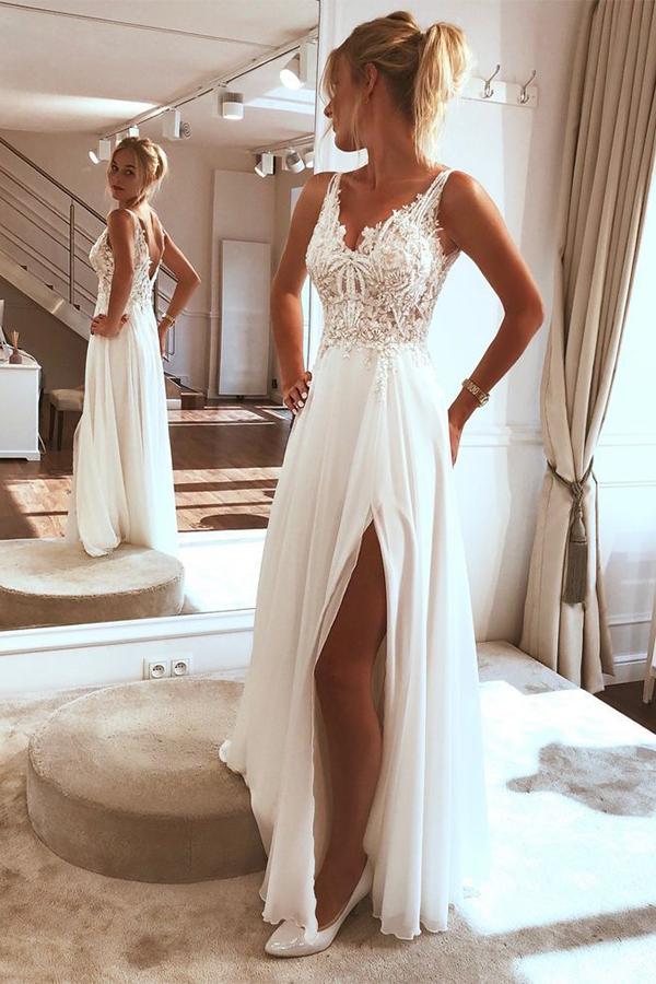 Ivory Chiffon Lace Beach Wedding Dress With Split