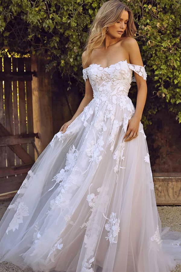 Ivory Tulle A Line Off The Shoulder Wedding Dress With Lace Appliques