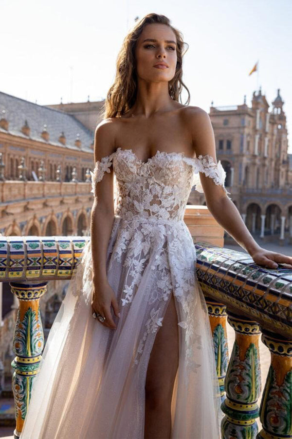 Ivory Tulle Off The Shoulder Beach Wedding Dress