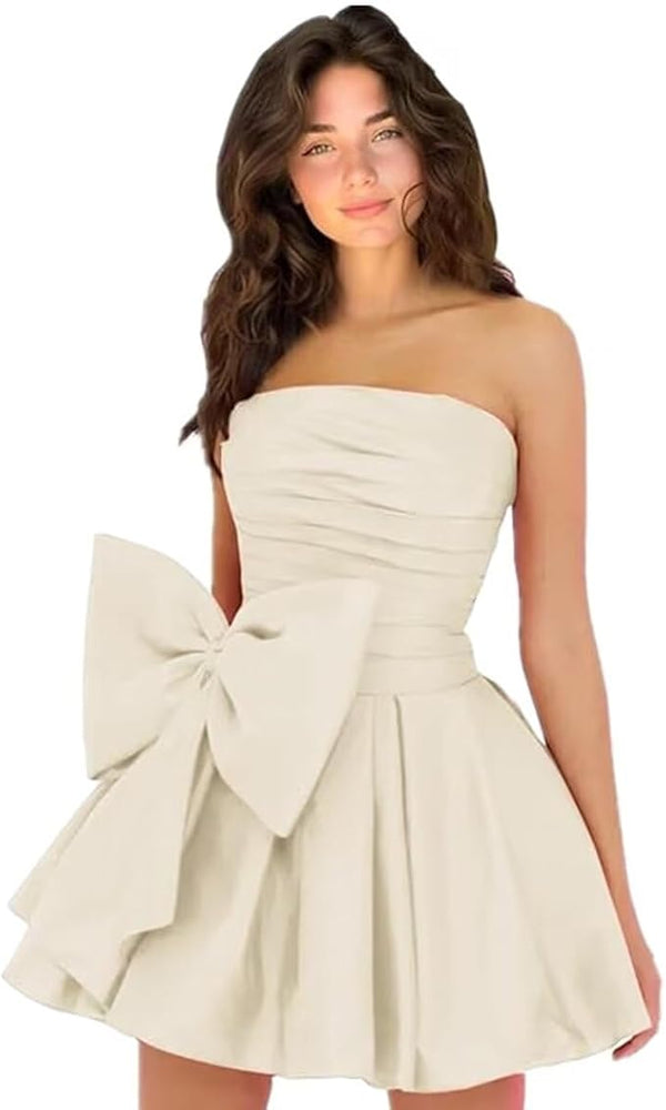 
                      
                        Sleeveless Ruched Short Homecoming Dresses Simple Mini Party Wear Dress with Bow
                      
                    