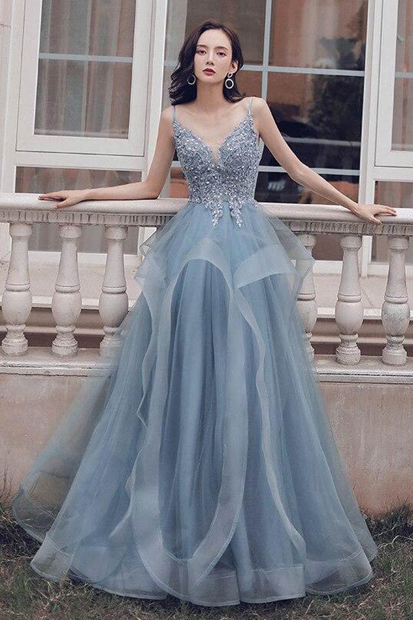 
                      
                        Lace Appliqued Prussian Blue Organza Prom Dress With Ruffles
                      
                    