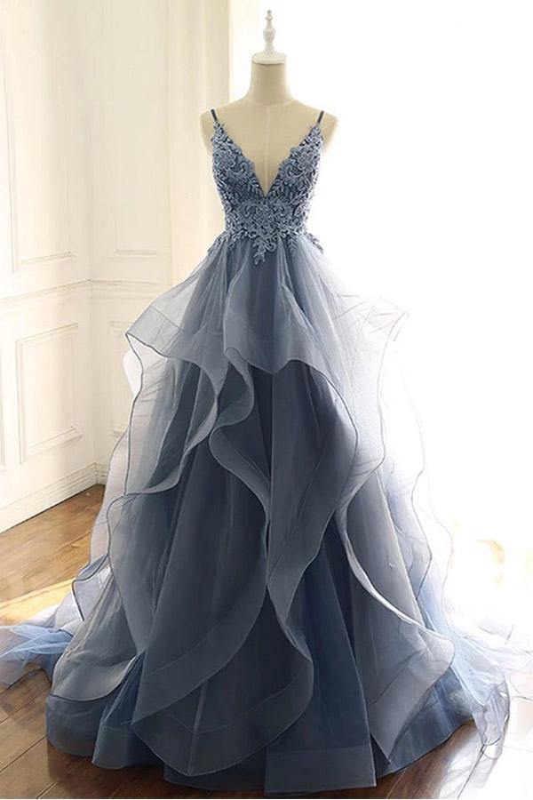 
                      
                        Lace Appliqued Prussian Blue Organza Prom Dress With Ruffles
                      
                    