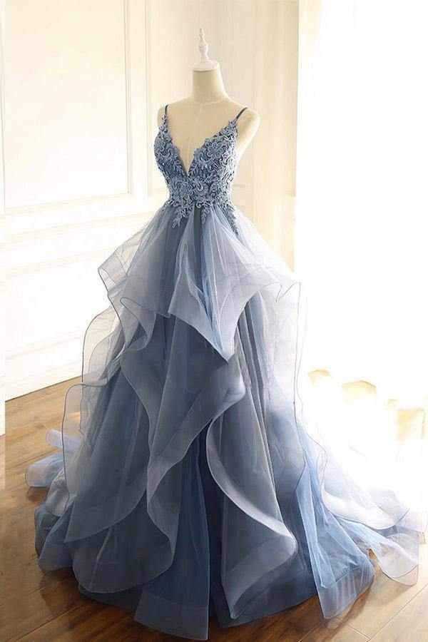 
                      
                        Lace Appliqued Prussian Blue Organza Prom Dress With Ruffles
                      
                    