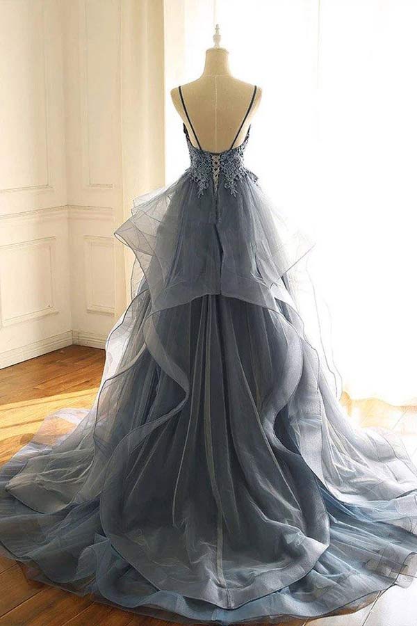 
                      
                        Lace Appliqued Prussian Blue Organza Prom Dress With Ruffles
                      
                    