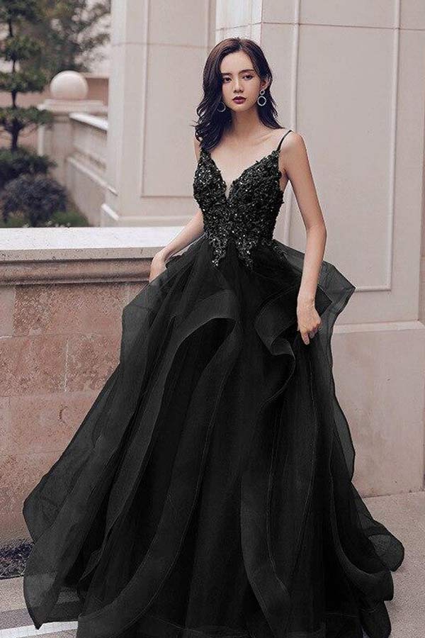 
                      
                        Lace Appliqued Prussian Blue Organza Prom Dress With Ruffles
                      
                    